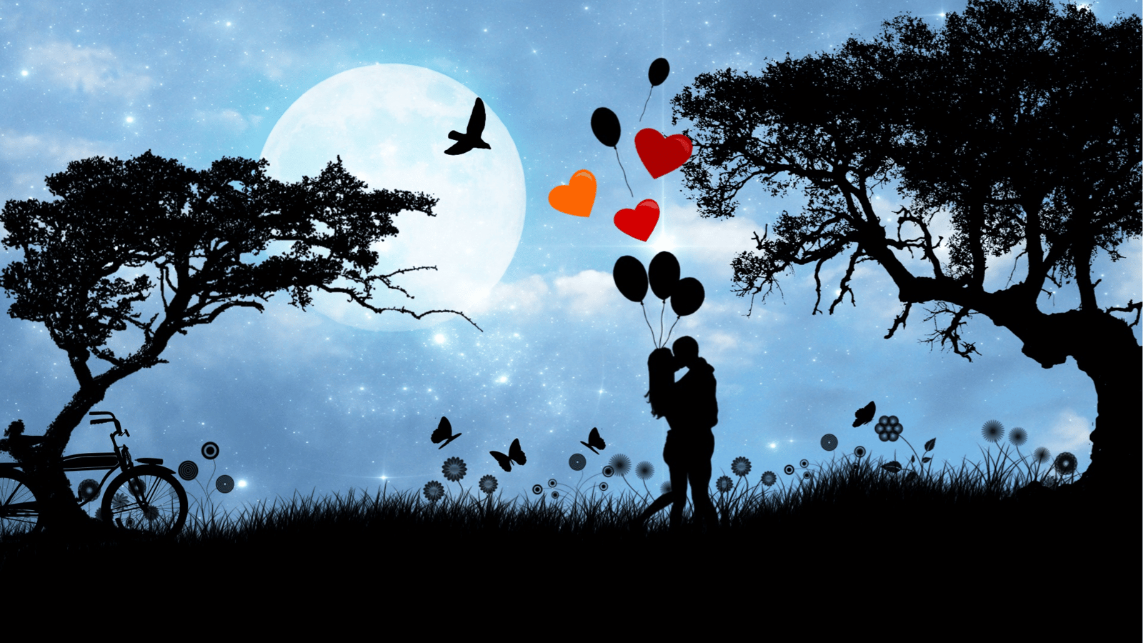 Silhouette of a man and woman embracing against a night background with heart-shaped balloons floating above their heads.